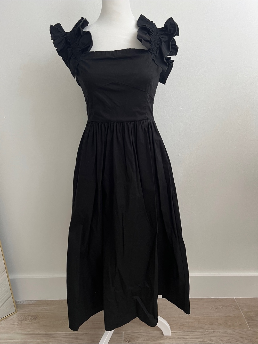 Wayf Black Ruffle Strap Midi Dress